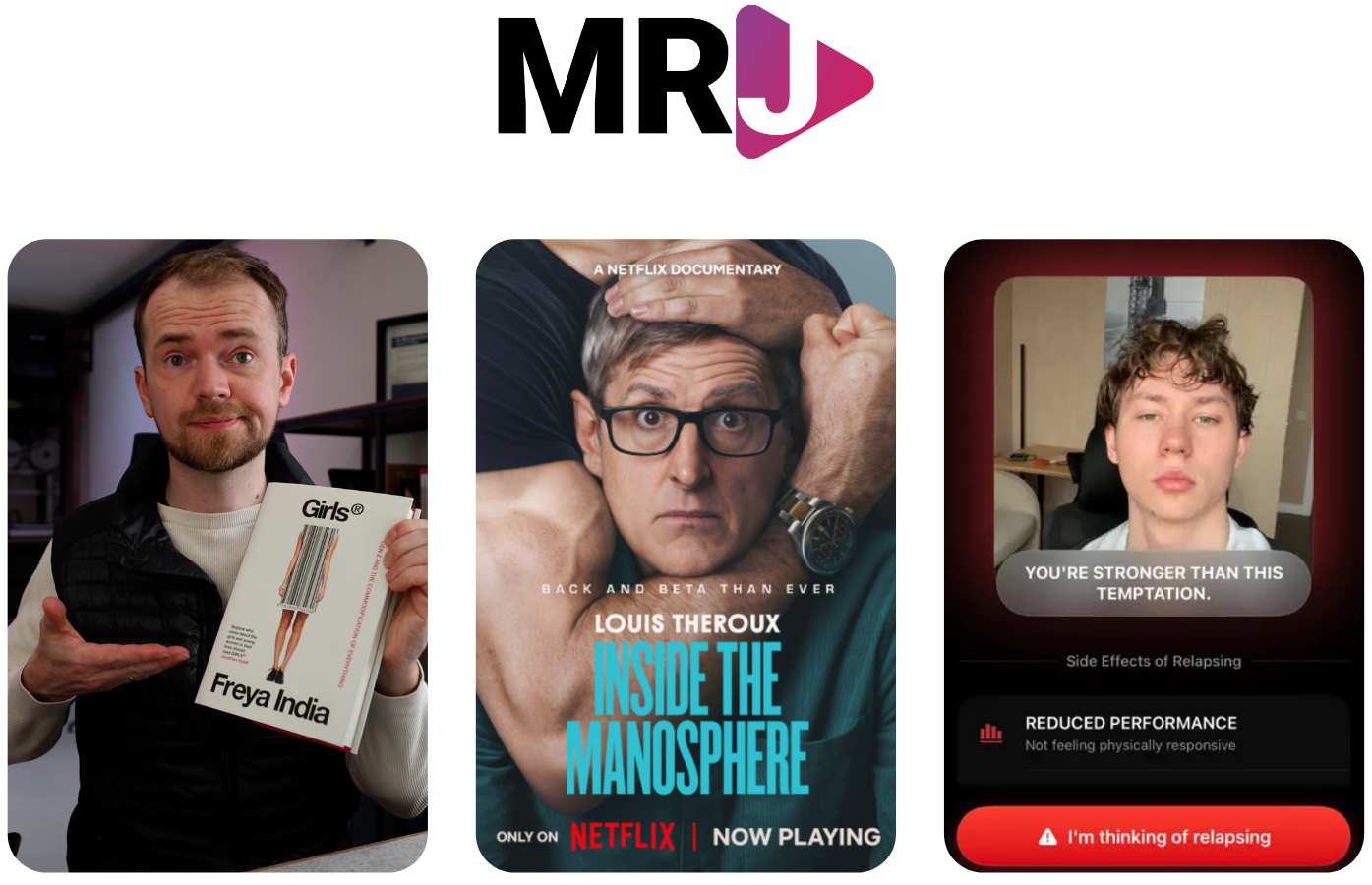 Collage zu Kulturtrends: Louis Theroux, Netflix-Doku Inside the Manosphere und die App Quittr
