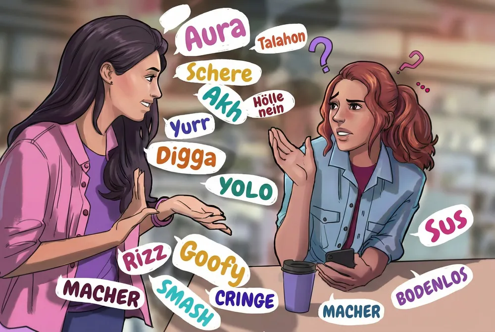 Hochwertige Illustration: Eine Mutter erklärt ihrer verwirrten Tochter Jugendsprache. Sprechblasen enthalten aktuelle Begriffe wie Aura, Talahon, Rizz, Schere, Goofy & Cringe.