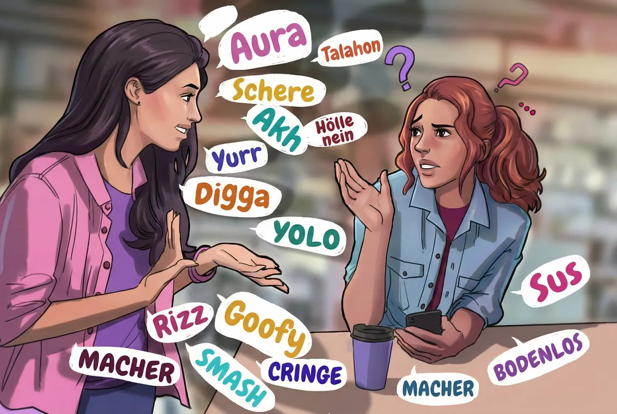 Hochwertige Illustration: Eine Mutter erklärt ihrer verwirrten Tochter Jugendsprache. Sprechblasen enthalten aktuelle Begriffe wie Aura, Talahon, Rizz, Schere, Goofy & Cringe.